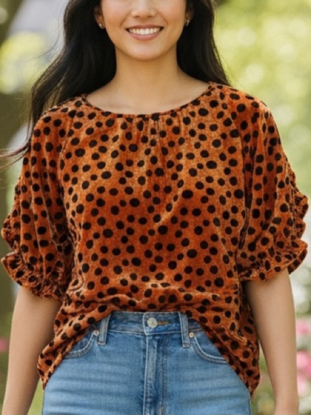 Madewell Rust Polka Dot Velvet Ruched Short Sleeve Top Small